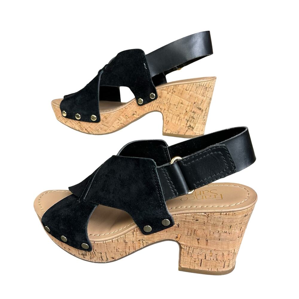 Franco Sarto Kicks Platform Sandals Women Size 7.5M Black Suede Cork Wedge Heels